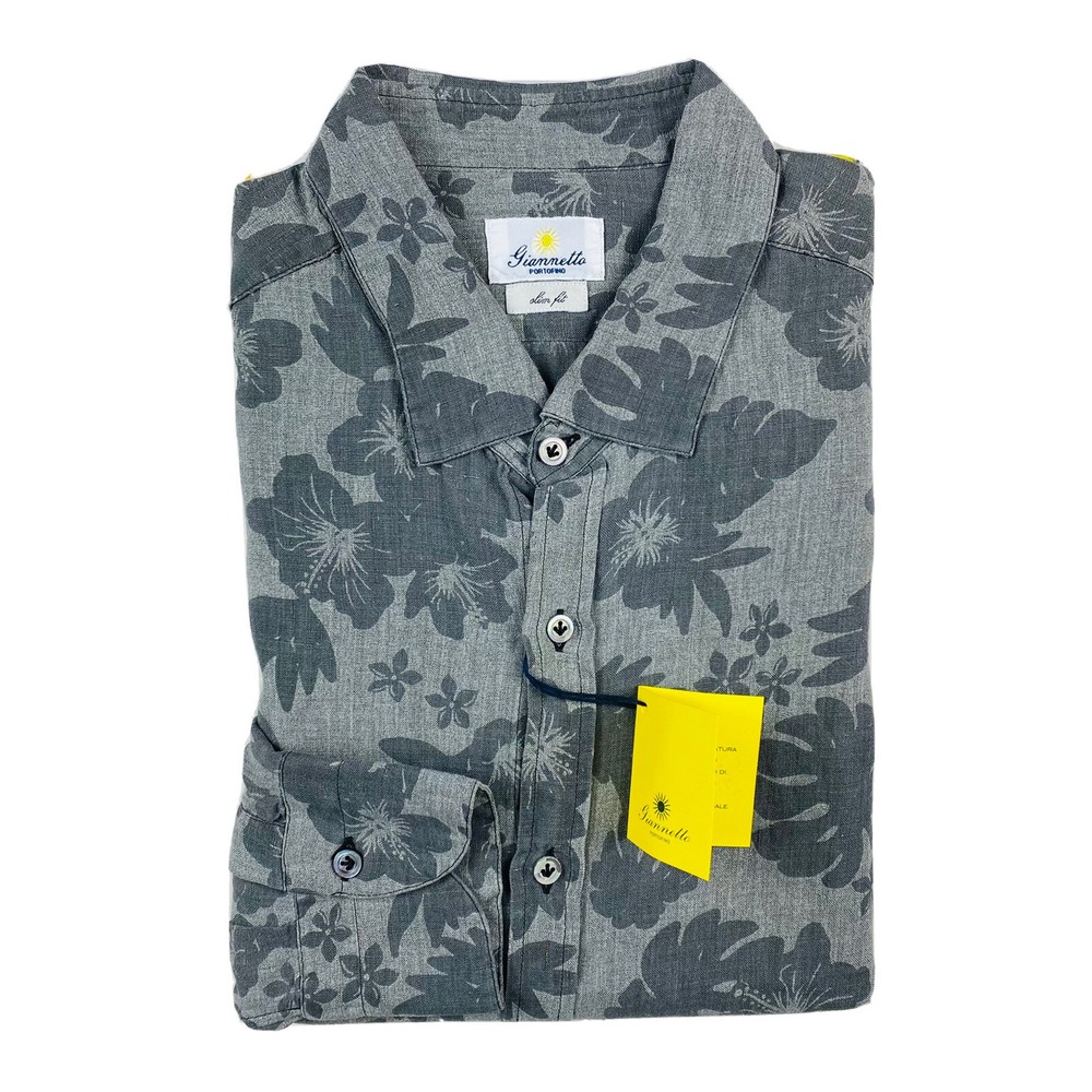 Giannetto Portofino Gray Floral Linen Mens Slim Fit Button Front Shirt 16.5 42